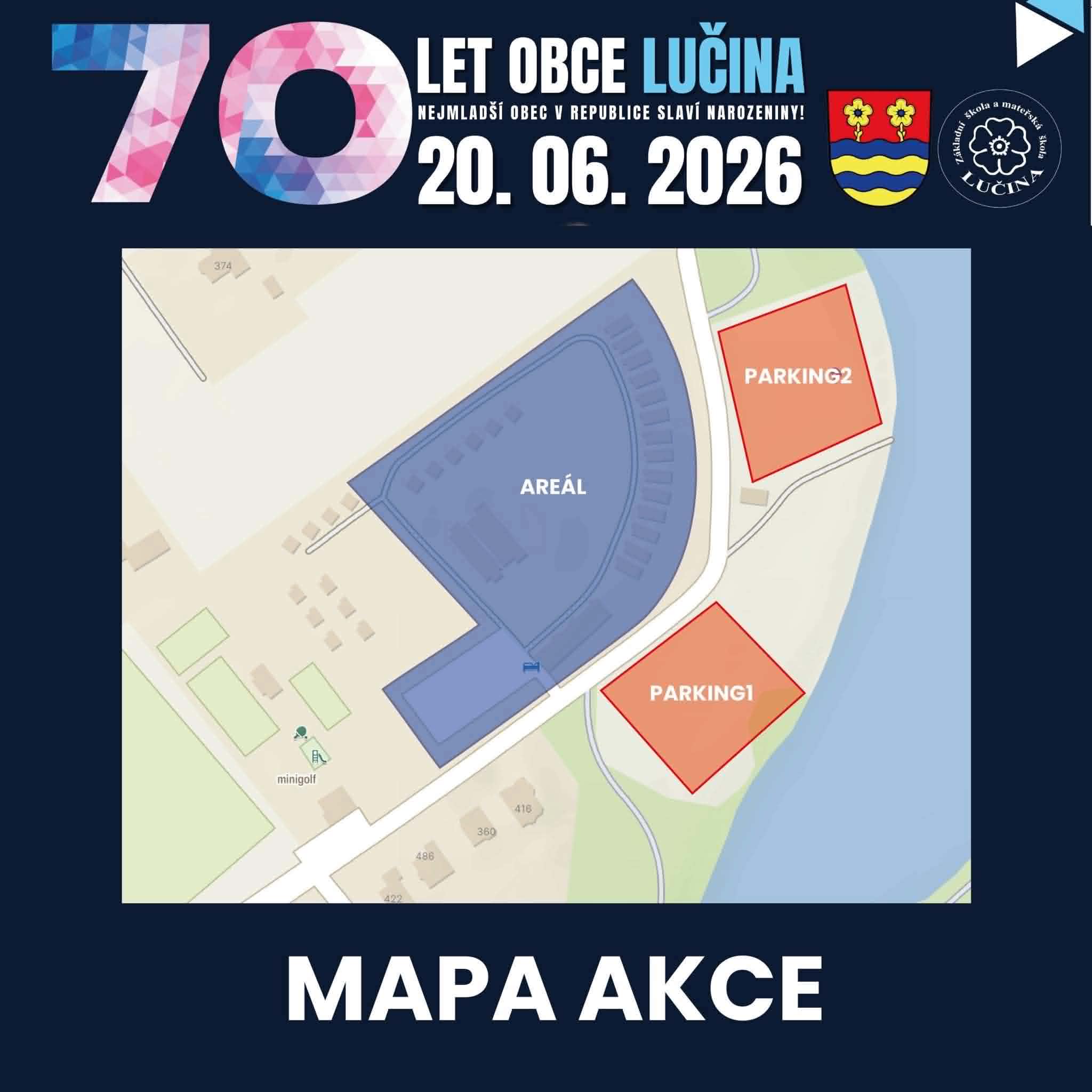 Dny obce Lučina event map – venue area and car parks PARKING 1 and PARKING 2